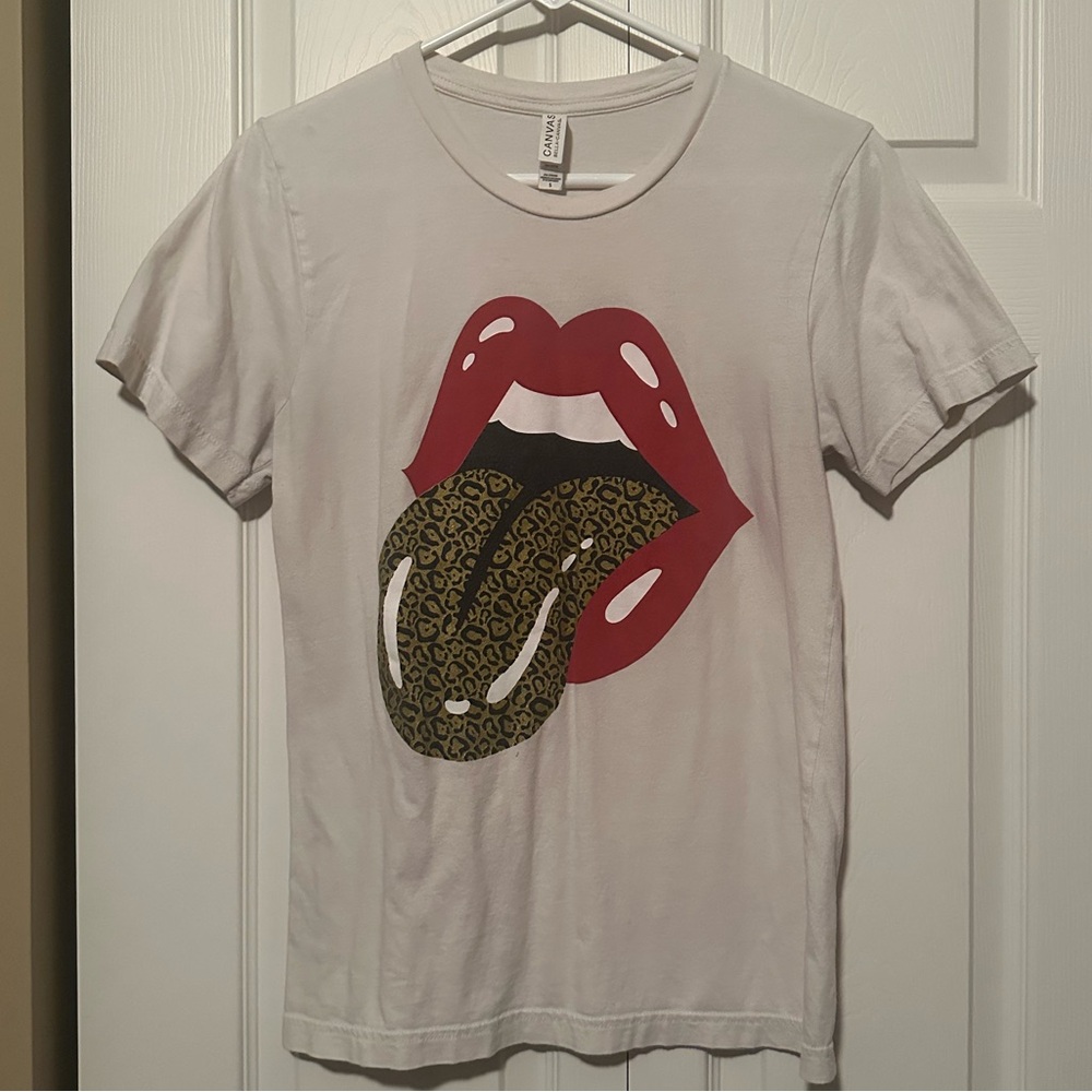Rolling Stones Tongue and Lips leopard print short sleeve t shirt, size S